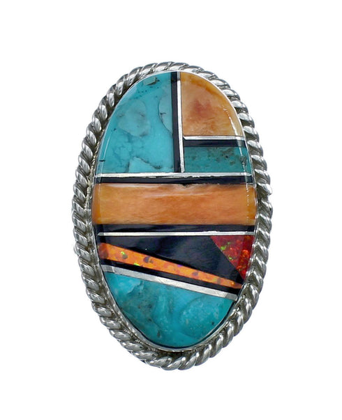 Native American Sterling Silver Multicolor Inlay Ring Size 6-1/2 NN20602